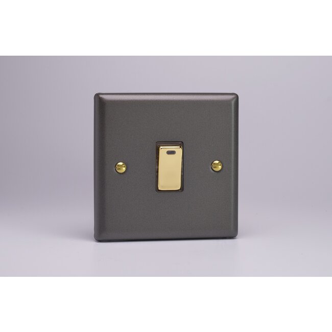 Varilight Vogue 1-Gang 20A Double Pole Rocker Switch + Neon Indicator Light with Metal Rockers Brass Slate Brass
