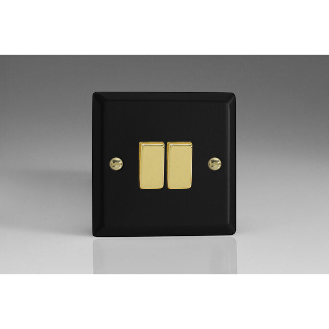 Varilight Vogue 2-Gang 10A 1- or 2-Way Rocker Switch with Metal Rockers Decorative Matt Black Polished Brass
