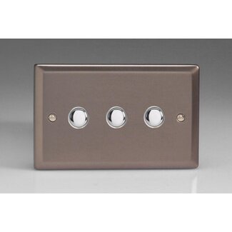 Varilight Classic 3-Gang 6A 1- or 2-Way Push-On/Off Impulse Switch (Twin Plate) Decorative Pewter Chrome Buttons