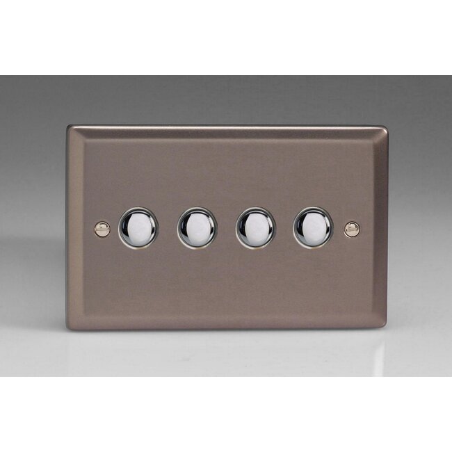 Varilight Classic 4-Gang 6A 1- or 2-Way Push-On/Off Impulse Switch (Twin Plate) Decorative Pewter Chrome Buttons