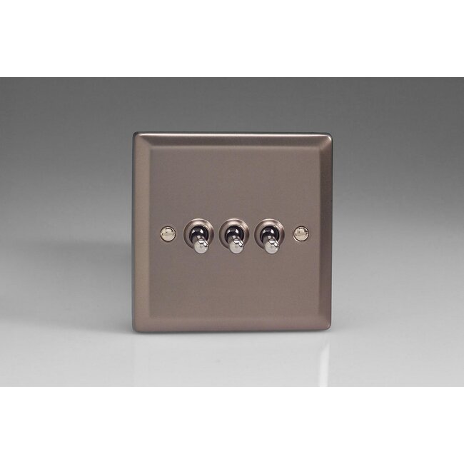 Varilight Classic 3-Gang 10A 1- or 2-Way Toggle Switch Decorative Pewter Chrome Toggles