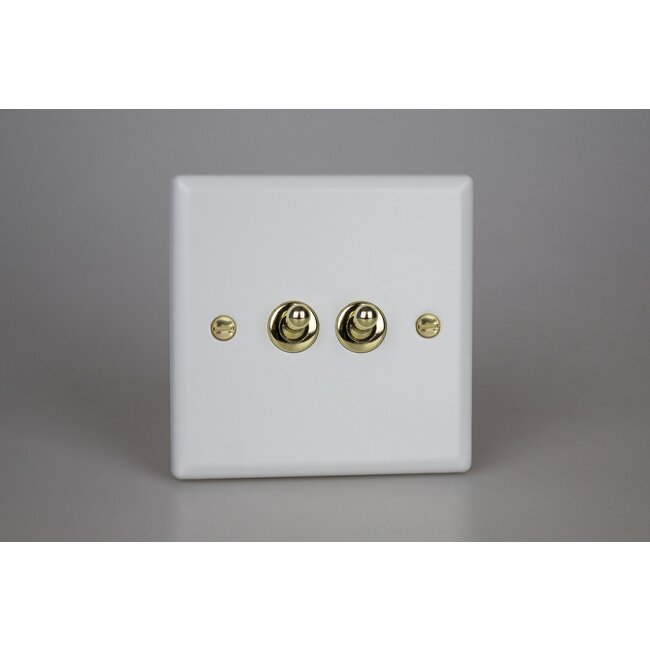 Varilight Vogue 2-Gang 10A Intermediate Toggle Switch Decorative Matt White Brass Toggle