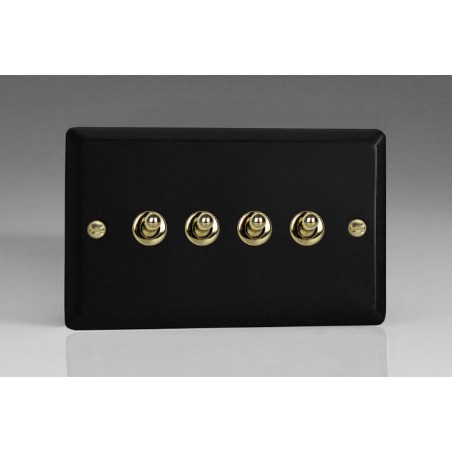 Varilight Vogue 4-Gang 10A 1- or 2-Way Toggle Switch (Twin Plate) Decorative Matt Black Polished Brass