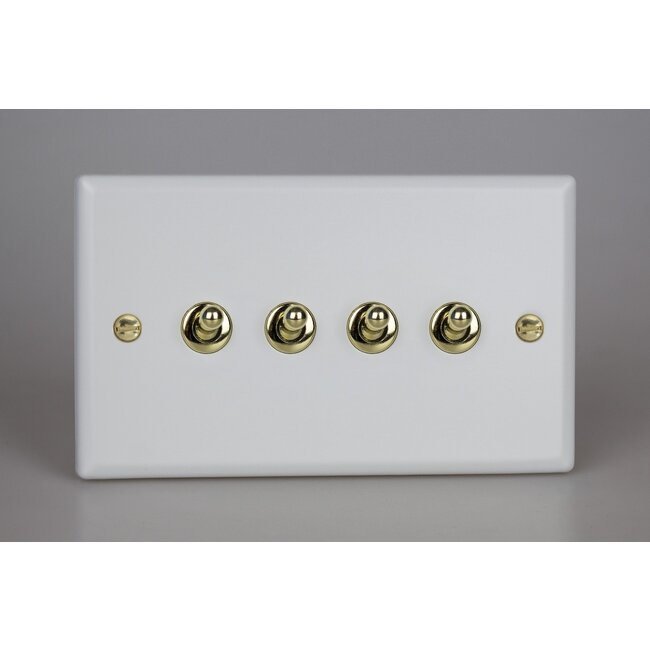 Varilight Vogue 4-Gang 10A 1- or 2-Way Toggle Switch (Twin Plate) Decorative Matt White Polished Brass