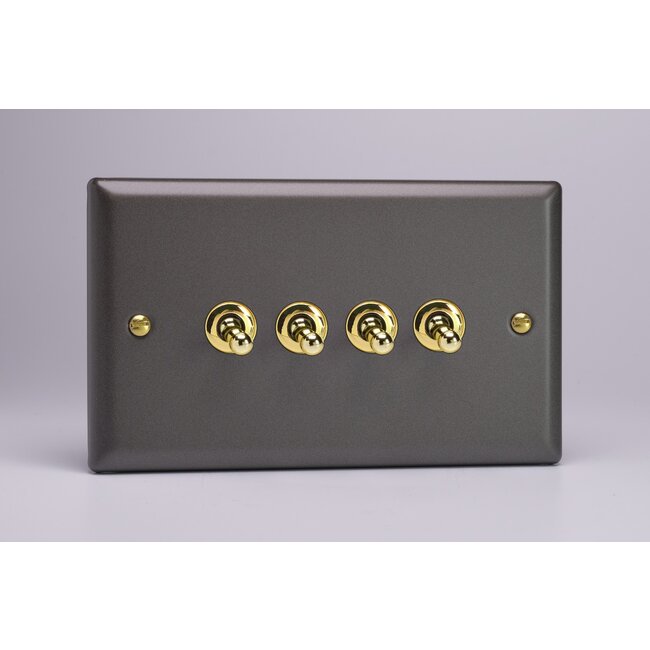 Varilight Vogue 4-Gang 10A 1- or 2-Way Toggle Switch (Twin Plate) Brass Slate Brass