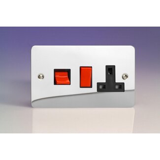 Varilight Ultraflat 45A Cooker Panel with 13A Double Pole Switched Socket Outlet (Red Rocker) Black Polished Chrome Black/Red Inserts