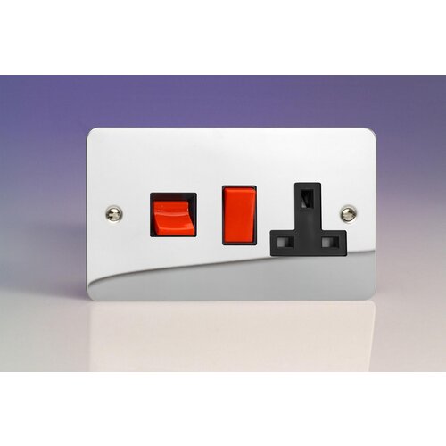 Varilight Ultraflat 45A Cooker Panel with 13A Double Pole Switched Socket Outlet (Red Rocker) Black Polished Chrome Black/Red Inserts Varilight Ultraflat 45A Cooker Panel with 13A Double Pole Switched Socket Outlet (Red Rocker) Black Polished Chrome Black/Red Inserts