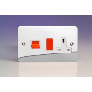 Varilight Ultraflat 45A Cooker Panel with 13A Double Pole Switched Socket Outlet (Red Rocker) White Polished Chrome White/Red Inserts