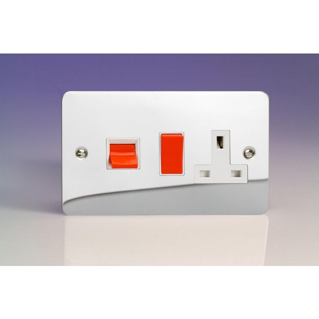 Varilight Ultraflat 45A Cooker Panel with 13A Double Pole Switched Socket Outlet (Red Rocker) White Polished Chrome White/Red Inserts
