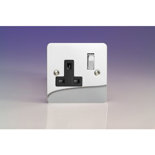 Varilight Ultraflat 1-Gang 13A Double Pole Switched Socket with Metal Rockers Black Polished Chrome Chrome/Black Inserts Varilight Ultraflat 1-Gang 13A Double Pole Switched Socket with Metal Rockers Black Polished Chrome Chrome/Black Inserts