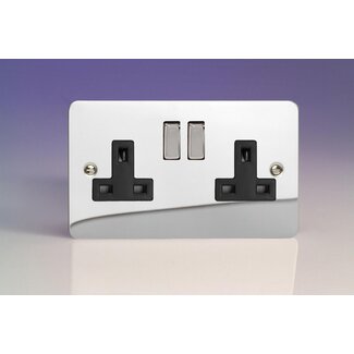Varilight Ultraflat 2-Gang 13A Double Pole Switched Socket with Metal Rockers Black Polished Chrome Chrome/Black Inserts