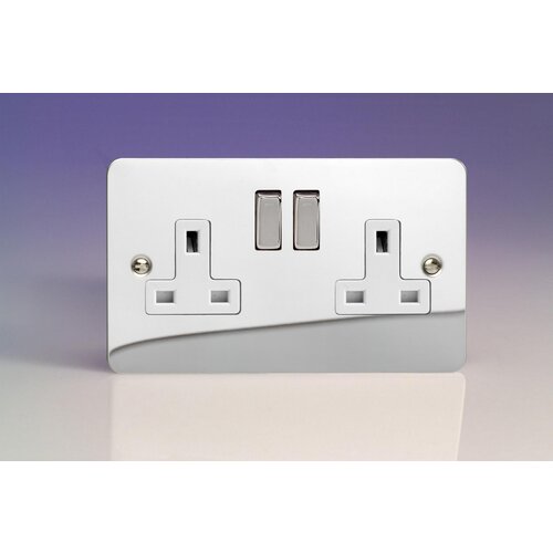 Varilight Ultraflat 2-Gang 13A Double Pole Switched Socket with Metal Rockers White Polished Chrome Chrome/White Inserts Varilight Ultraflat 2-Gang 13A Double Pole Switched Socket with Metal Rockers White Polished Chrome Chrome/White Inserts