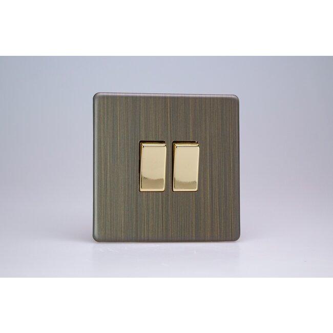 Varilight Urban Screwless 2-Gang (10A Intermediate Switch + 10A 1- or 2-Way Rocker Switch) Brass Antique Brass Brass