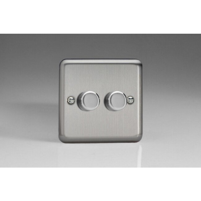 Varilight Classic 2-Gang 2-Way Push-On/Off Rotary Dimmer 2 x 40-250W V-Dim Matt Chrome Steel Knobs