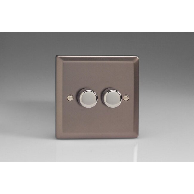 Varilight Classic 2-Gang 2-Way Push-On/Off Rotary LED Dimmer 2 x 0-120W (1-10 LEDs) V-Pro Pewter Chrome Knobs