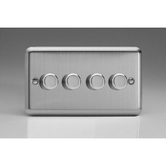 Varilight Classic 4-Gang 2-Way Push-On/Off Rotary LED Dimmer 4 x 0-120W (1-10 LEDs) (Twin Plate) V-Pro Matt Chrome Steel Knobs
