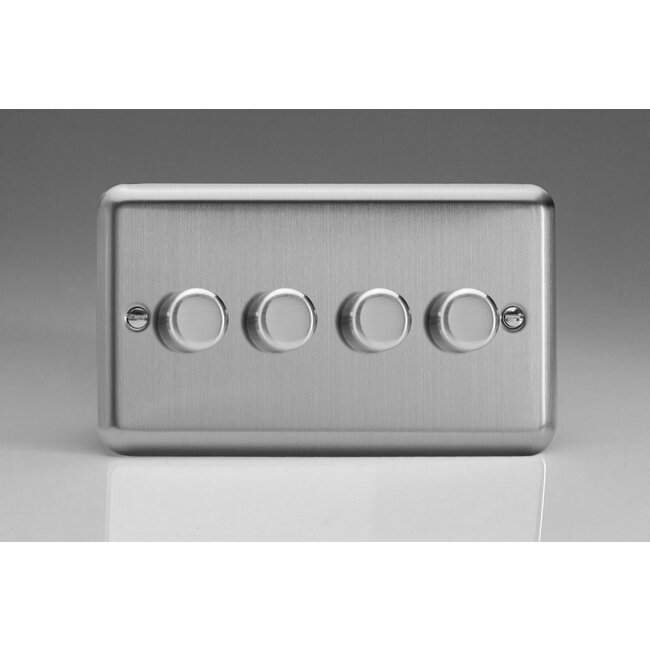 Varilight Classic 4-Gang 2-Way Push-On/Off Rotary LED Dimmer 4 x 0-120W (1-10 LEDs) (Twin Plate) V-Pro Matt Chrome Steel Knobs