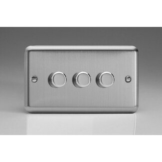 Varilight Classic 3-Gang 2-Way Push-On/Off Rotary LED Dimmer 3 x 0-120W (1-10 LEDs) (Twin Plate) V-Pro Matt Chrome Steel Knobs