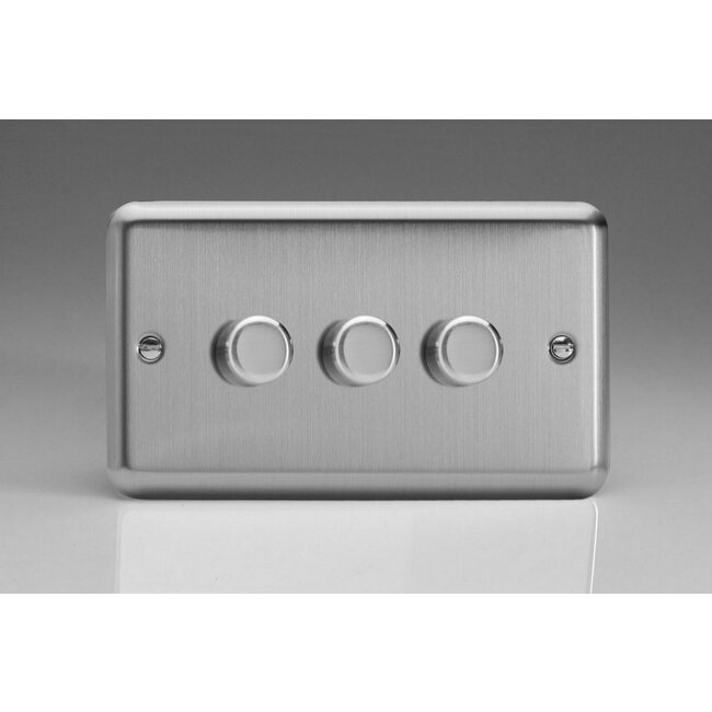 Varilight Classic 3-Gang 2-Way Push-On/Off Rotary LED Dimmer 3 x 0-120W (1-10 LEDs) (Twin Plate) V-Pro Matt Chrome Steel Knobs