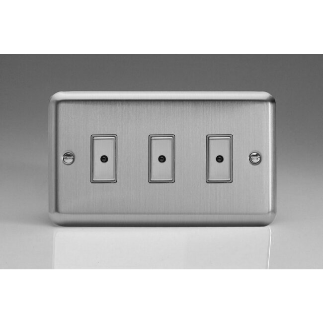 Varilight Classic 3-Gang 1-Way V-Pro Multi-Point Remote/Tactile Touch Control Master LED Dimmer 3 x 0-100W (1-10 LEDs) (Twin Plate) V-Pro Multi-Point Remote (formerly Eclique2) Matt Chrome Steel Buttons