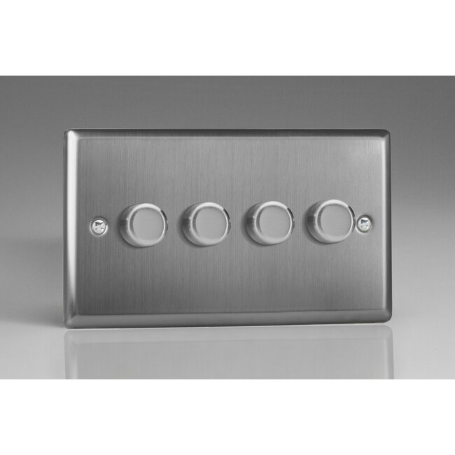 Varilight Classic 4-Gang 2-Way Push-On/Off Rotary LED Dimmer 4 x 0-120W (1-10 LEDs) (Twin Plate) V-Pro Brushed Steel Steel Knobs