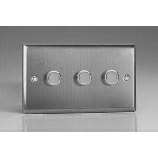 Varilight Classic 3-Gang 2-Way Push-On/Off Rotary LED Dimmer 3 x 0-120W (1-10 LEDs) (Twin Plate) V-Pro Brushed Steel Steel Knobs