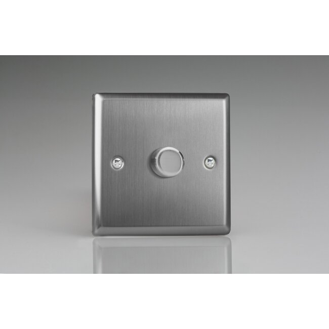 Varilight Classic 1-Gang 2-Way Push-On/Off Rotary LED Dimmer 1 x 0-120W (1-10 LEDs) V-Pro Brushed Steel Steel Knob