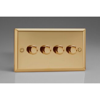 Varilight Classic 4-Gang 2-Way Push-On/Off Rotary LED Dimmer 4 x 0-120W (1-10 LEDs) (Twin Plate) V-Pro Victorian Brass Brass Knobs