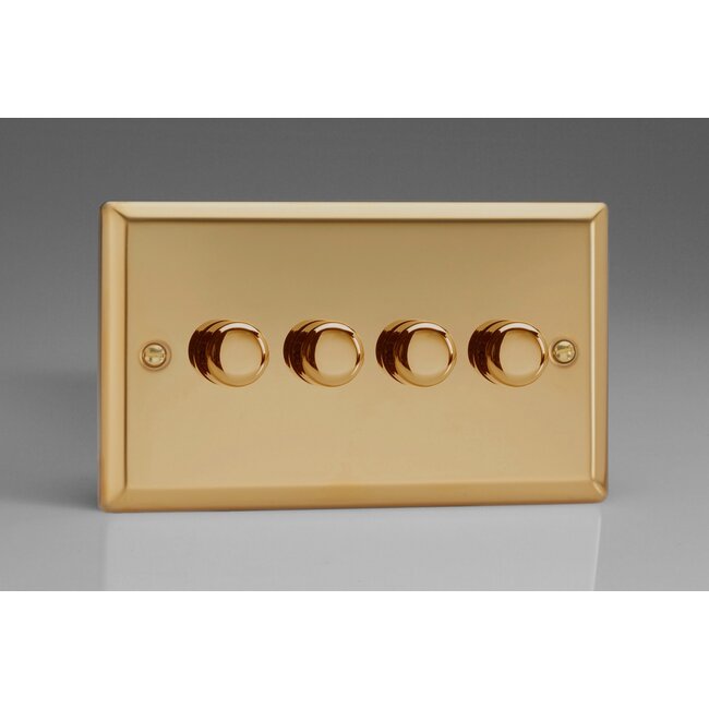 Varilight Classic 4-Gang 2-Way Push-On/Off Rotary LED Dimmer 4 x 0-120W (1-10 LEDs) (Twin Plate) V-Pro Victorian Brass Brass Knobs