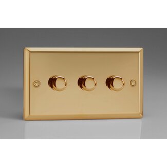 Varilight Classic 3-Gang 2-Way Push-On/Off Rotary LED Dimmer 3 x 0-120W (1-10 LEDs) (Twin Plate) V-Pro Victorian Brass Brass Knobs