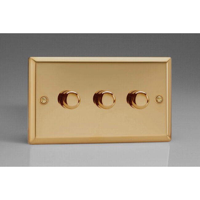 Varilight Classic 3-Gang 2-Way Push-On/Off Rotary LED Dimmer 3 x 0-120W (1-10 LEDs) (Twin Plate) V-Pro Victorian Brass Brass Knobs