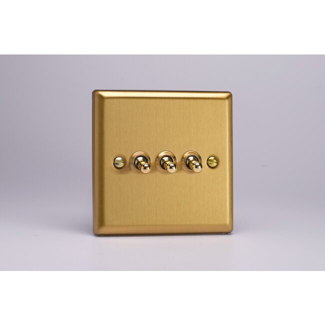 Varilight Classic 3-Gang 10A 1- or 2-Way Toggle Switch Decorative Brushed Brass Brass Toggles