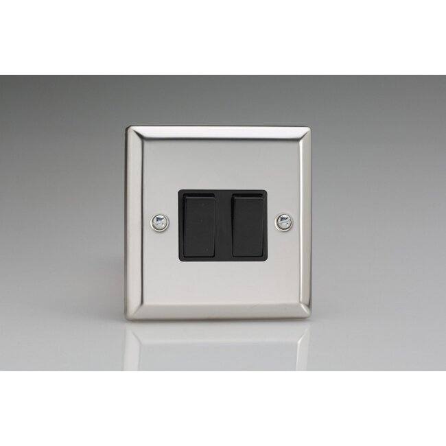 Varilight Classic 2-Gang 10A 1- or 2-Way Rocker Switch Black Mirror Chrome Black Rockers