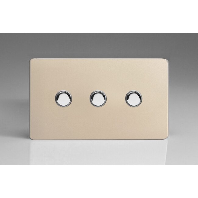 Varilight Screwless 3-Gang 6A 1- or 2-Way Push-On/Off Impulse Switch (Twin Plate) Decorative Satin Chrome Buttons