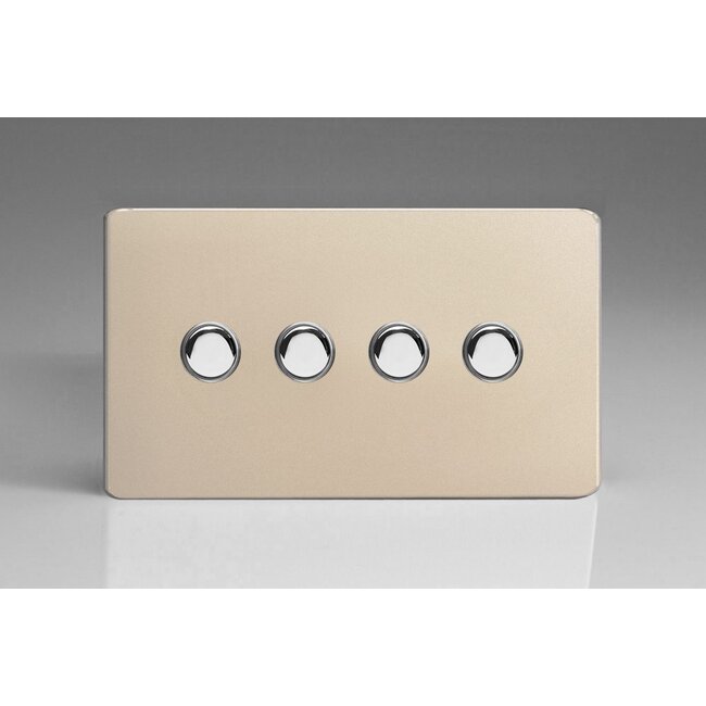 Varilight Screwless 4-Gang 6A 1- or 2-Way Push-On/Off Impulse Switch (Twin Plate) Decorative Satin Chrome Buttons
