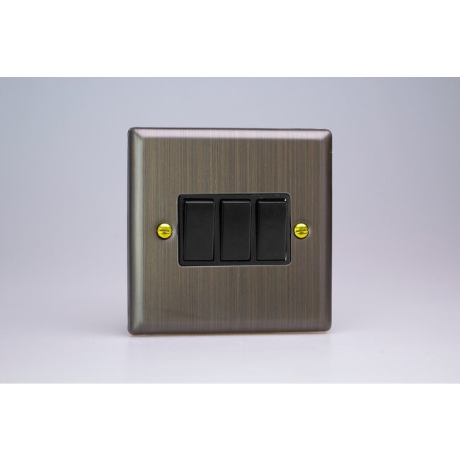 Varilight Urban 3-Gang 10A 1- or 2-Way Rocker Switch Black Antique Brass Black
