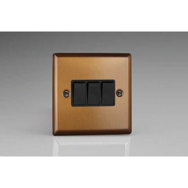 Varilight Urban 3-Gang 10A 1- or 2-Way Rocker Switch Black Brushed Bronze Black Rockers