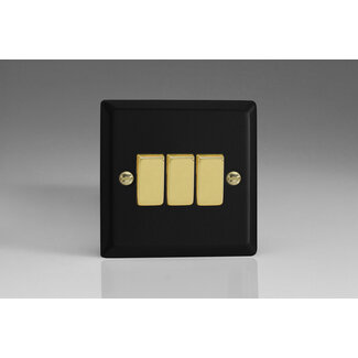 Varilight Vogue 3-Gang 10A 1- or 2-Way Rocker Switch with Metal Rockers Decorative Matt Black Polished Brass