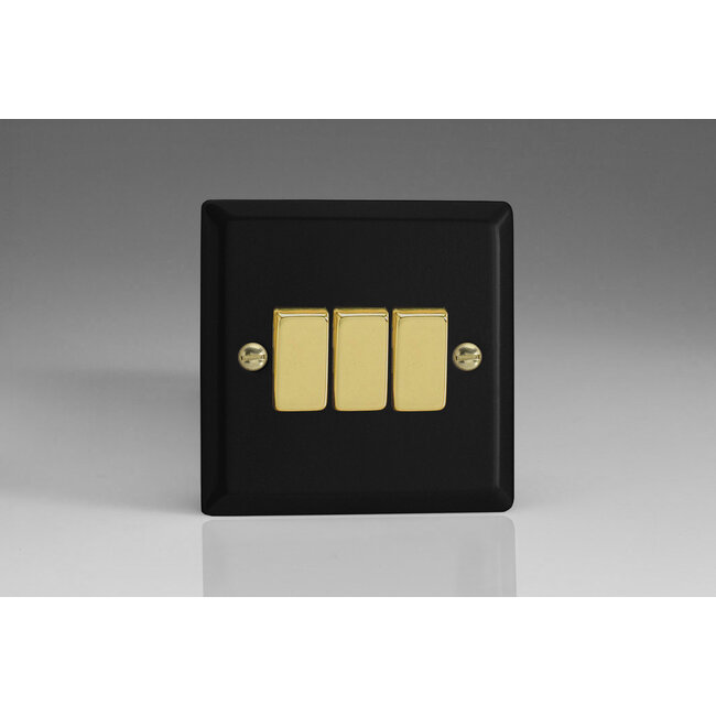 Varilight Vogue 3-Gang 10A 1- or 2-Way Rocker Switch with Metal Rockers Decorative Matt Black Polished Brass