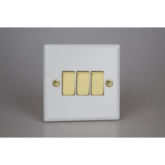 Varilight Vogue 3-Gang 10A 1- or 2-Way Rocker Switch with Metal Rockers Decorative Matt White Polished Brass