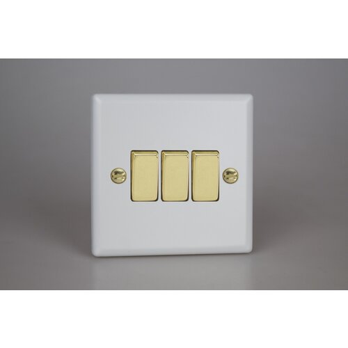 Varilight Vogue 3-Gang 10A 1- or 2-Way Rocker Switch with Metal Rockers Decorative Matt White Polished Brass Varilight Vogue 3-Gang 10A 1- or 2-Way Rocker Switch with Metal Rockers Decorative Matt White Polished Brass