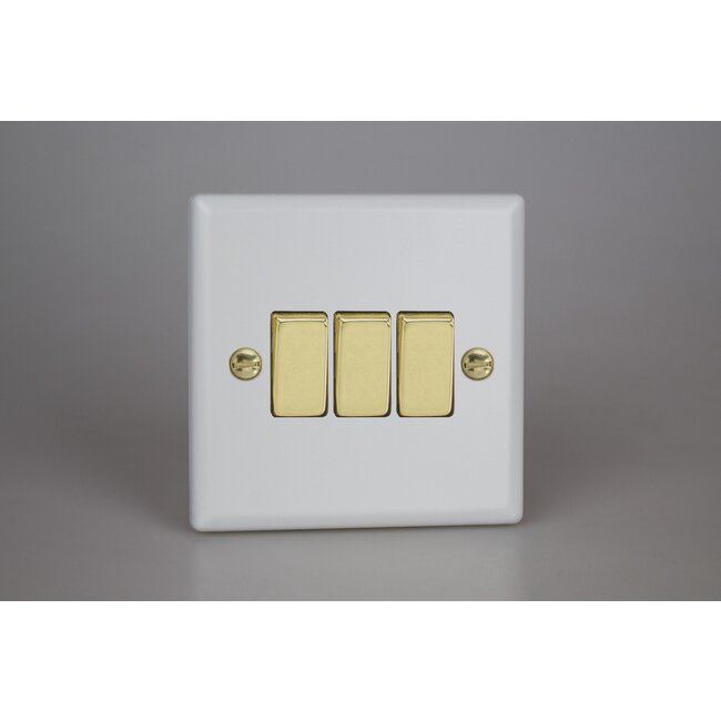 Varilight Vogue 3-Gang 10A 1- or 2-Way Rocker Switch with Metal Rockers Decorative Matt White Polished Brass