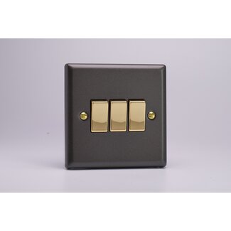 Varilight Vogue 3-Gang 10A 1- or 2-Way Rocker Switch with Metal Rockers Brass Slate Brass