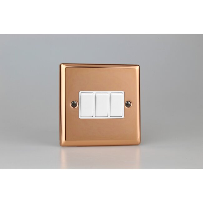 Varilight Urban 3-Gang 10A 1- or 2-Way Rocker Switch White Polished Copper White Rockers