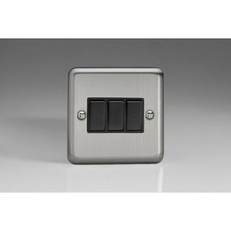 Varilight Classic 3-Gang 10A 1- or 2-Way Rocker Switch Black Matt Chrome Black Rockers
