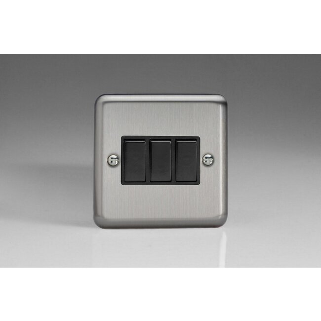 Varilight Classic 3-Gang 10A 1- or 2-Way Rocker Switch Black Matt Chrome Black Rockers