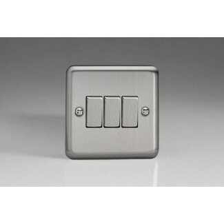 Varilight Classic 3-Gang 10A 1- or 2-Way Rocker Switch with Metal Rockers Decorative Matt Chrome Steel Rockers