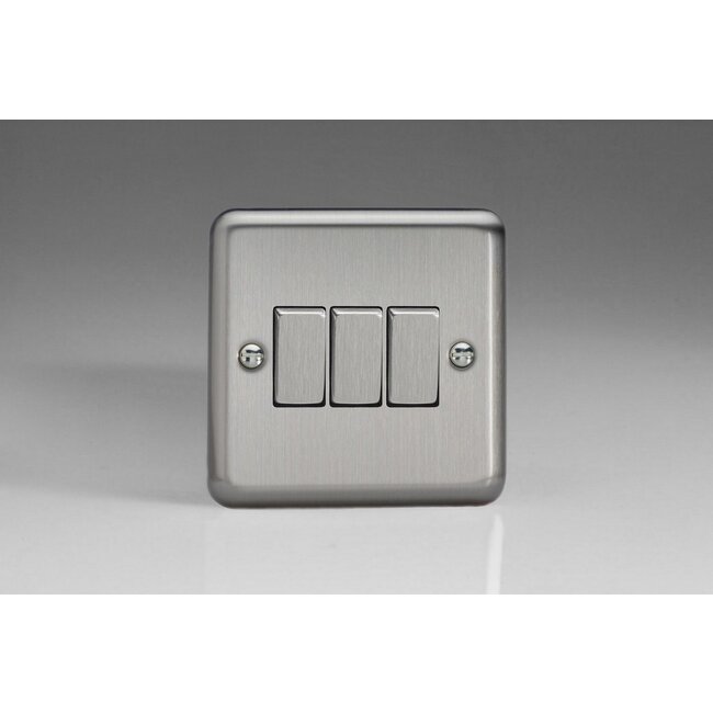 Varilight Classic 3-Gang 10A 1- or 2-Way Rocker Switch with Metal Rockers Decorative Matt Chrome Steel Rockers