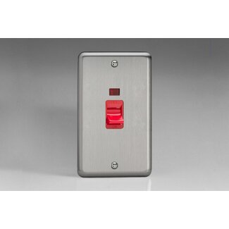 Varilight Classic 45A Cooker Switch + Neon (Vertical Twin Plate, Red Rocker) Red Matt Chrome Red Insert