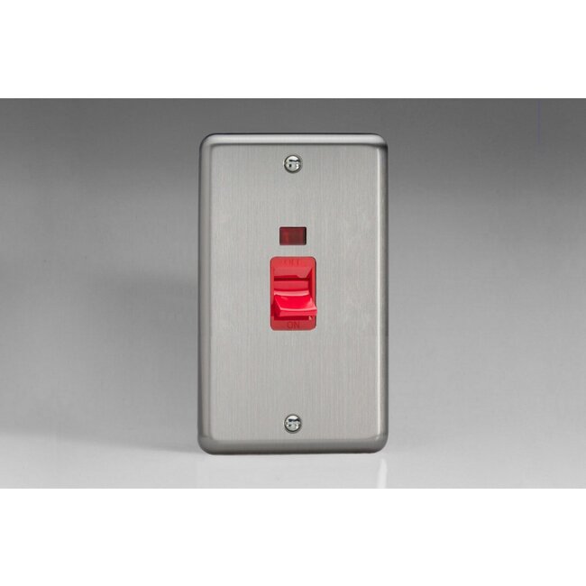 Varilight Classic 45A Cooker Switch + Neon (Vertical Twin Plate, Red Rocker) Red Matt Chrome Red Insert
